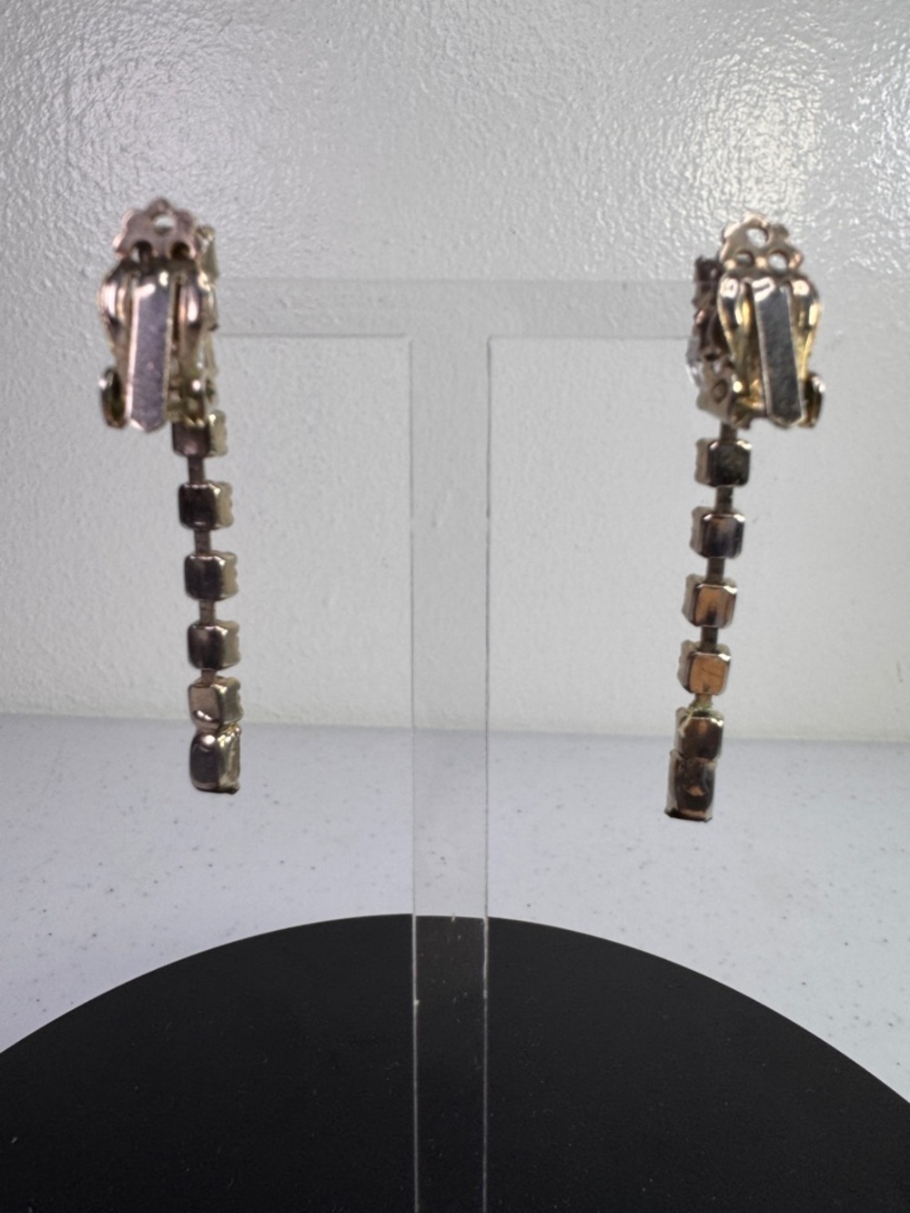 Vintage Amber & Clear crystal Rhinestone Clip-On Drop Earrings + Velvet Gift Bag - Picture 4 of 12